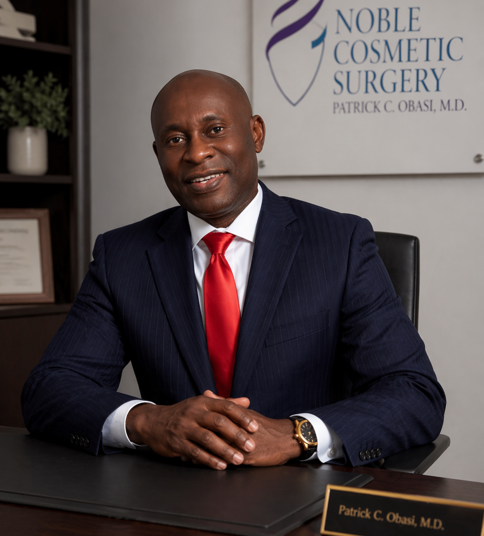 Dr. Patrick Obasi, board-certified plastic surgeon in Plano, TX, seated in office wearing navy suit and red tie